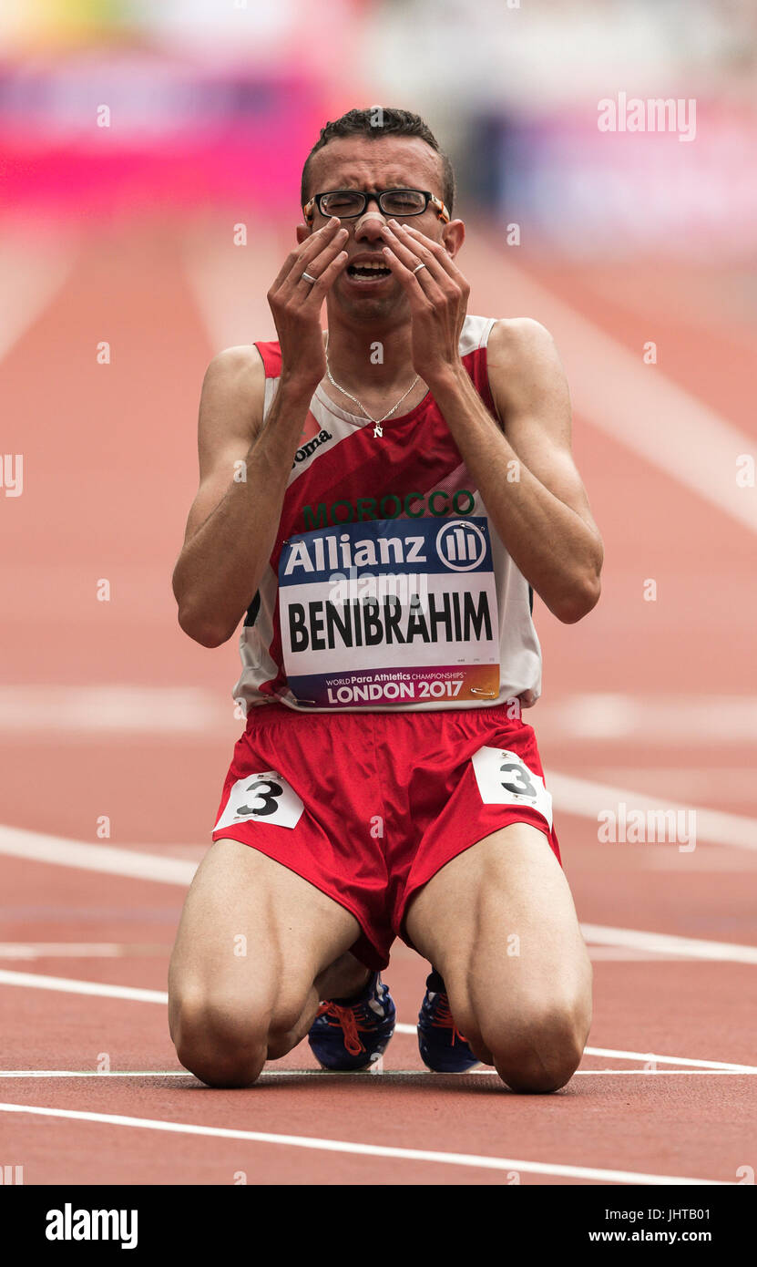 London, UK. 16. Juli 2017. Para Leichtathletik-Weltmeisterschaften, London 2017 Sonntag, 16. Juli, am Vormittag. Youssef Benibrahim (Marokko) gewann die Herren-5000 Meter T13 in einer neuen Weltrekordzeit von 14:20:69 Credit: Andy Gutteridge/Alamy Live News Stockfoto