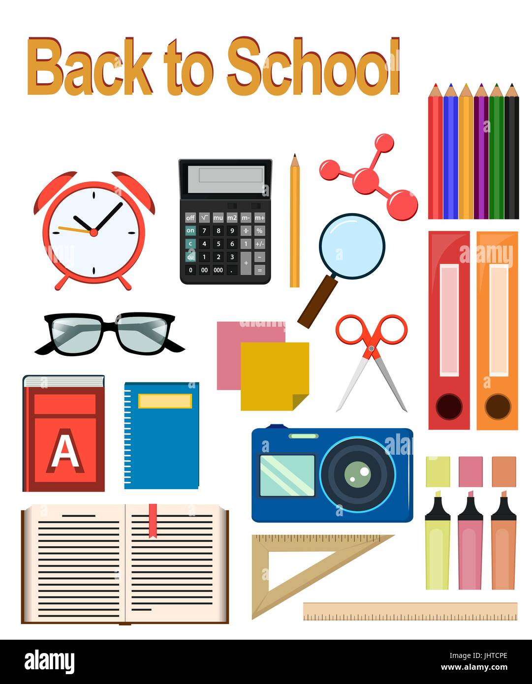 Zurück zu studieren. Objekte für die Schule. Reihe von runden flachen Icons. Vektor-Illustrationen. Stock Vektor