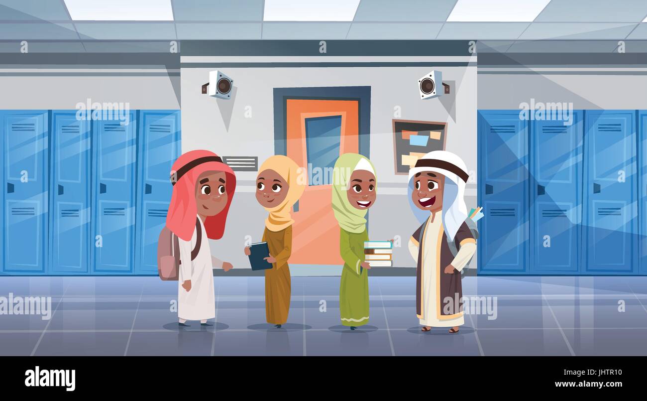 Gruppe von arabischen Schülern zu Fuß In die Schule Flur zum Zimmer, muslimische Schülerinnen und Schüler der Klasse Stock Vektor