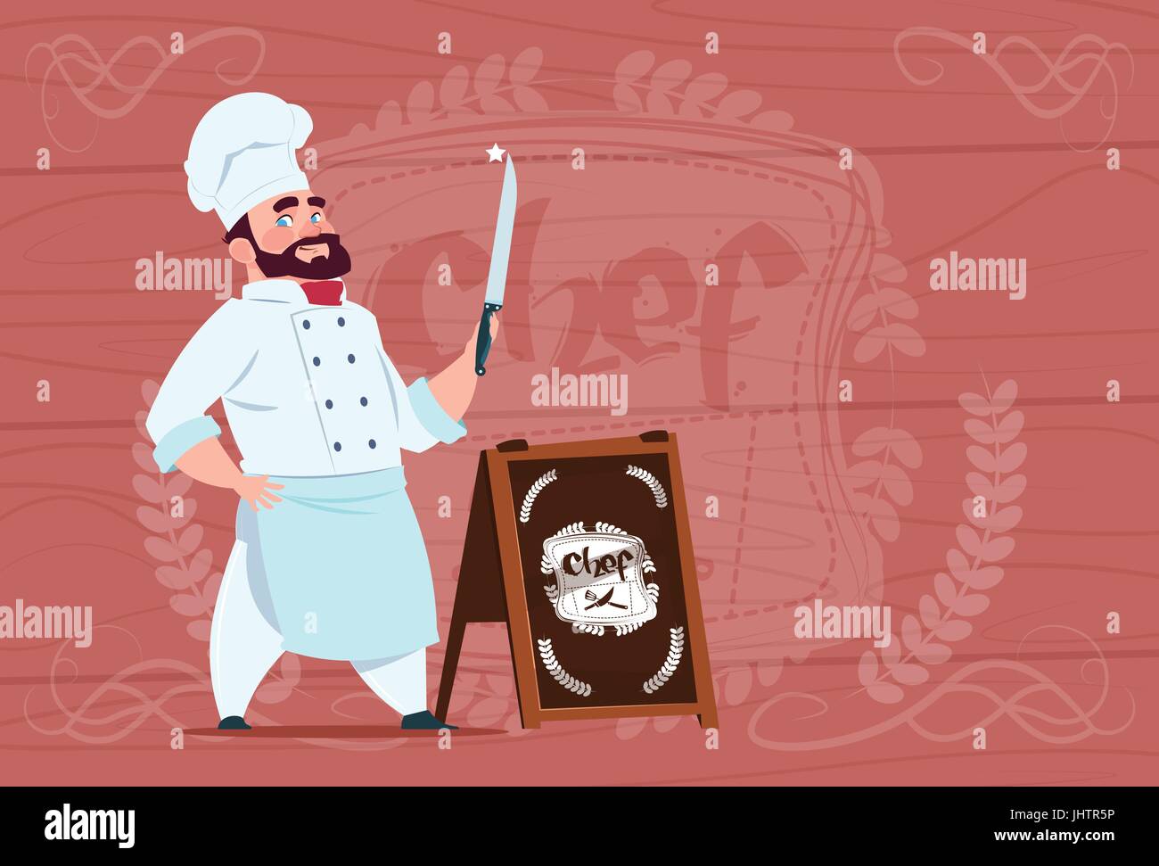 Chef-Koch Messer lächelnd Zeichentrickfigur In weißen Restaurant Uniform über hölzerne strukturierten Hintergrund Stock Vektor