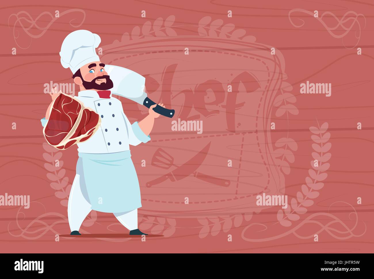 Chef-Koch Holding Beil Messer und Fleisch lächelnd Cartoon Chef In weißen Restaurant Uniform über hölzerne strukturierten Hintergrund Stock Vektor