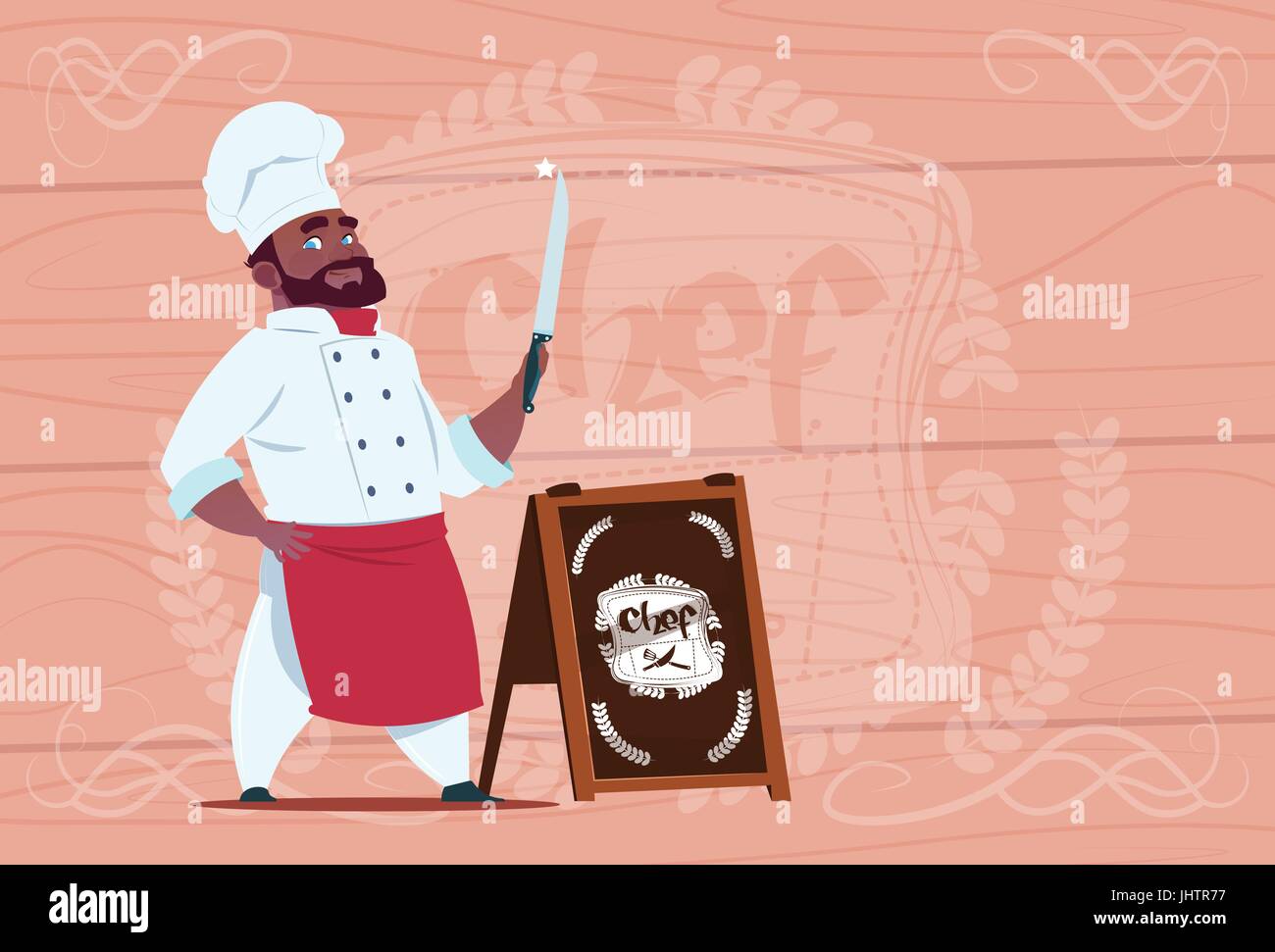 African American Küchenchef hält Messer lächelnd Zeichentrickfigur In weißen Restaurant Uniform über hölzerne strukturierten Hintergrund Stock Vektor