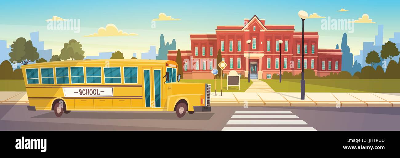 Gelber Bus vor Schulgebäude Schüler Transport Stock Vektor