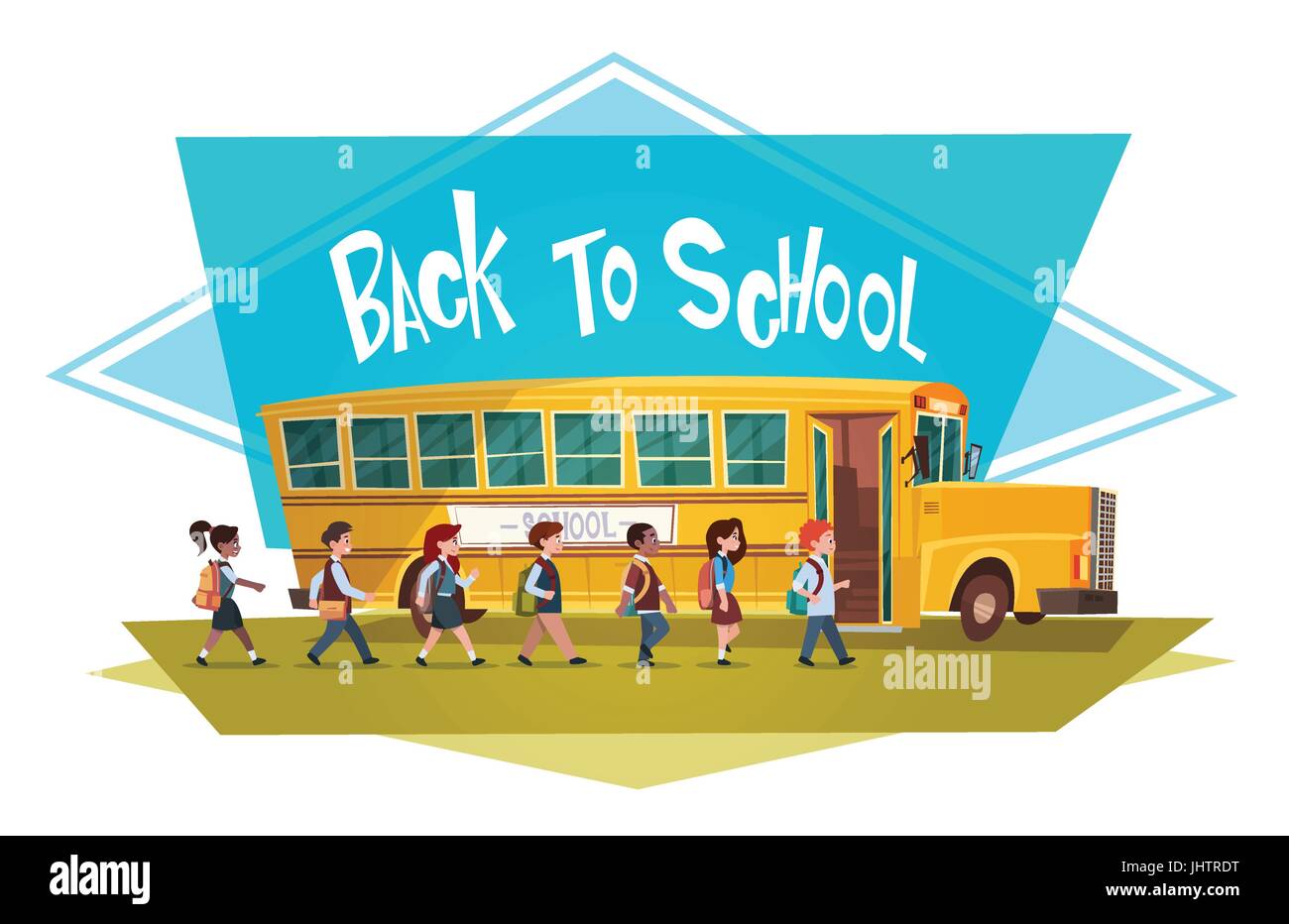Schüler-Gruppe zu Fuß zum gelben Bus Fahrt zurück zur Schule 1 September Stock Vektor