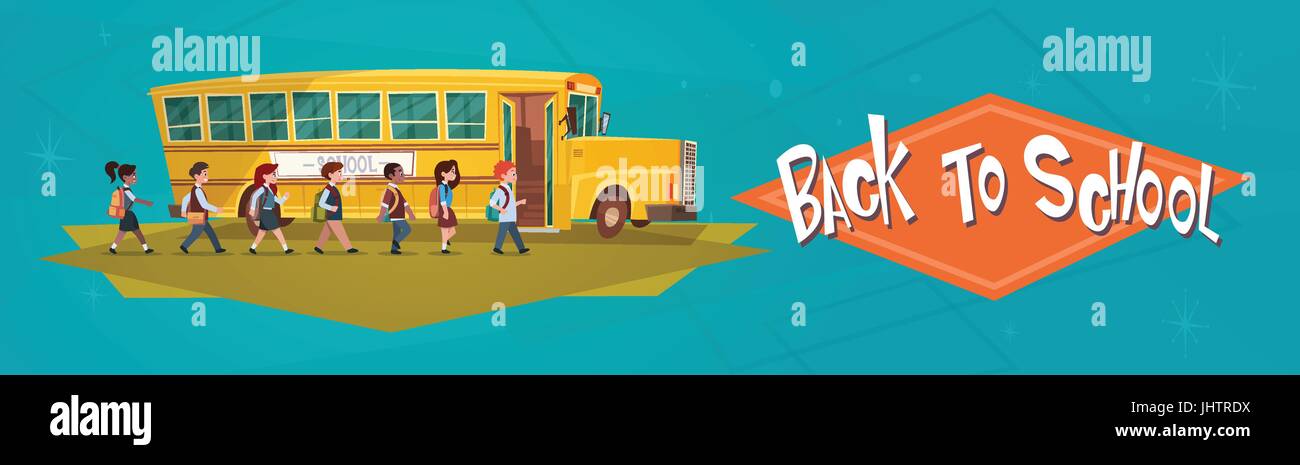Schüler-Gruppe zu Fuß zum gelben Bus Fahrt zurück zur Schule 1 September Stock Vektor