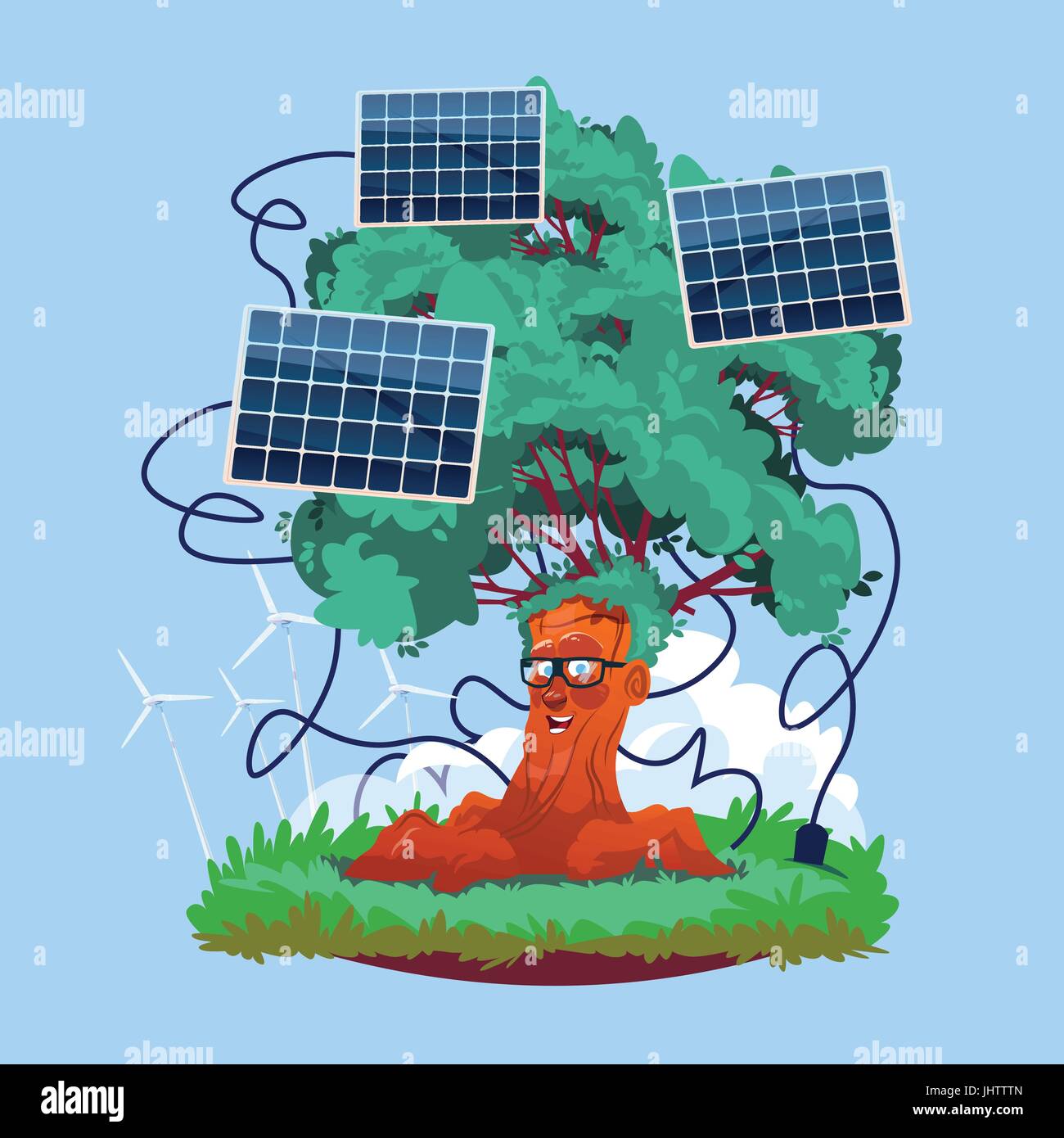 Cartoon lächelnd Baum mit Solarzellen erneuerbare Energiequelle Stock Vektor