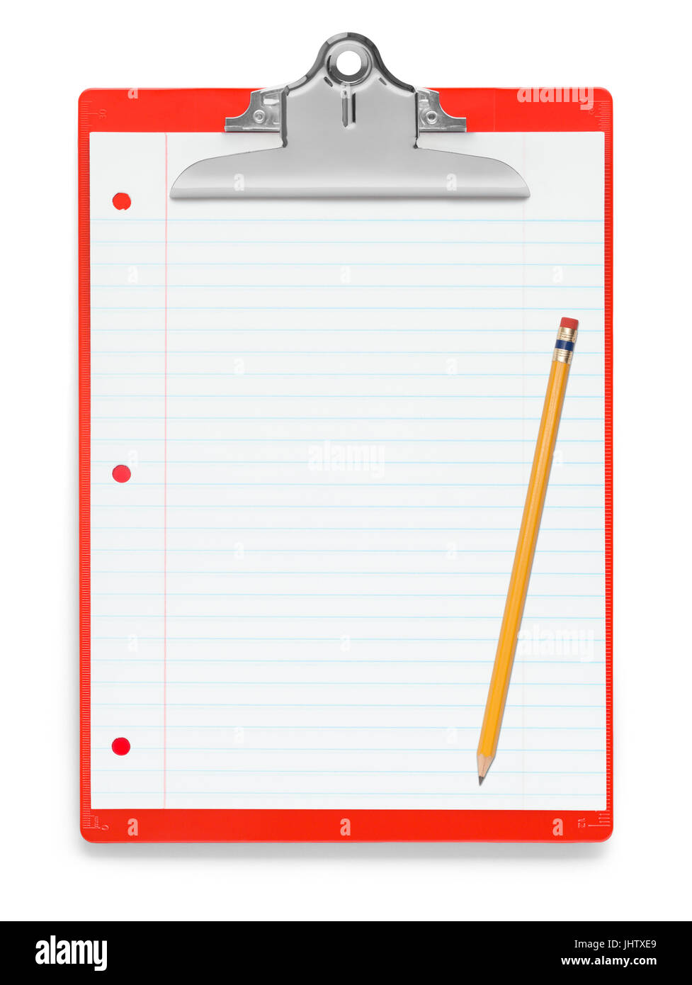 Roten Zwischenablage mit Linie Papier und Bleistift, Isolated on White Background. Stockfoto