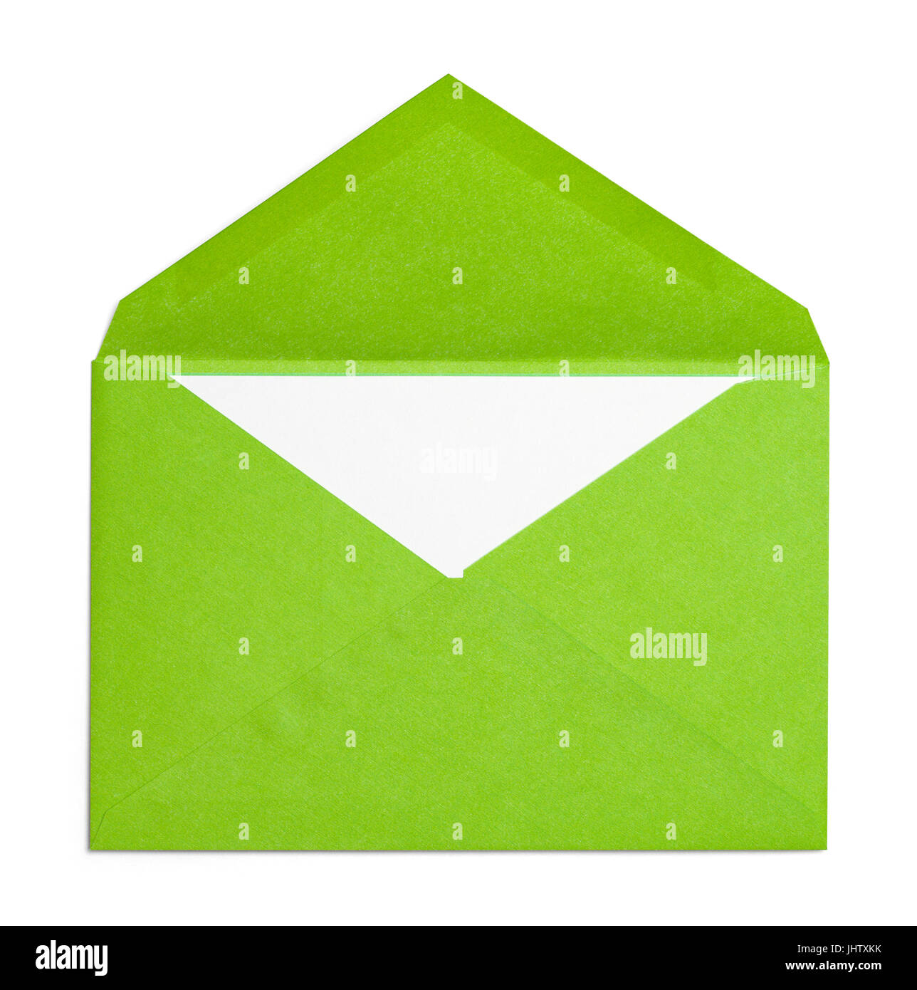 Open Green Umschlag isoliert auf weißem Hintergrund. Stockfoto