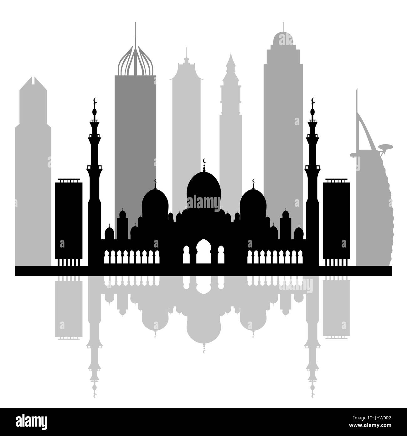 Vektor-Illustration der Vereinigten Arabischen Emirate Wolkenkratzer Silhouette. Dubai und Abu Dhabi Gebäude. Design für Banner, Poster oder Druck. Stock Vektor