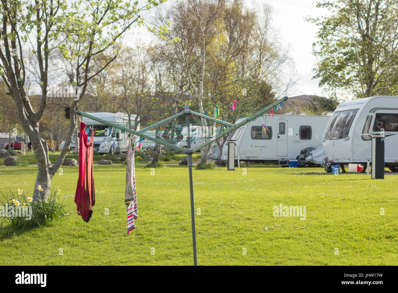 Camping Urlaub - Poolewe Camping - Wohnwagen und Waschen Linie, Schottland, UK Stockfoto