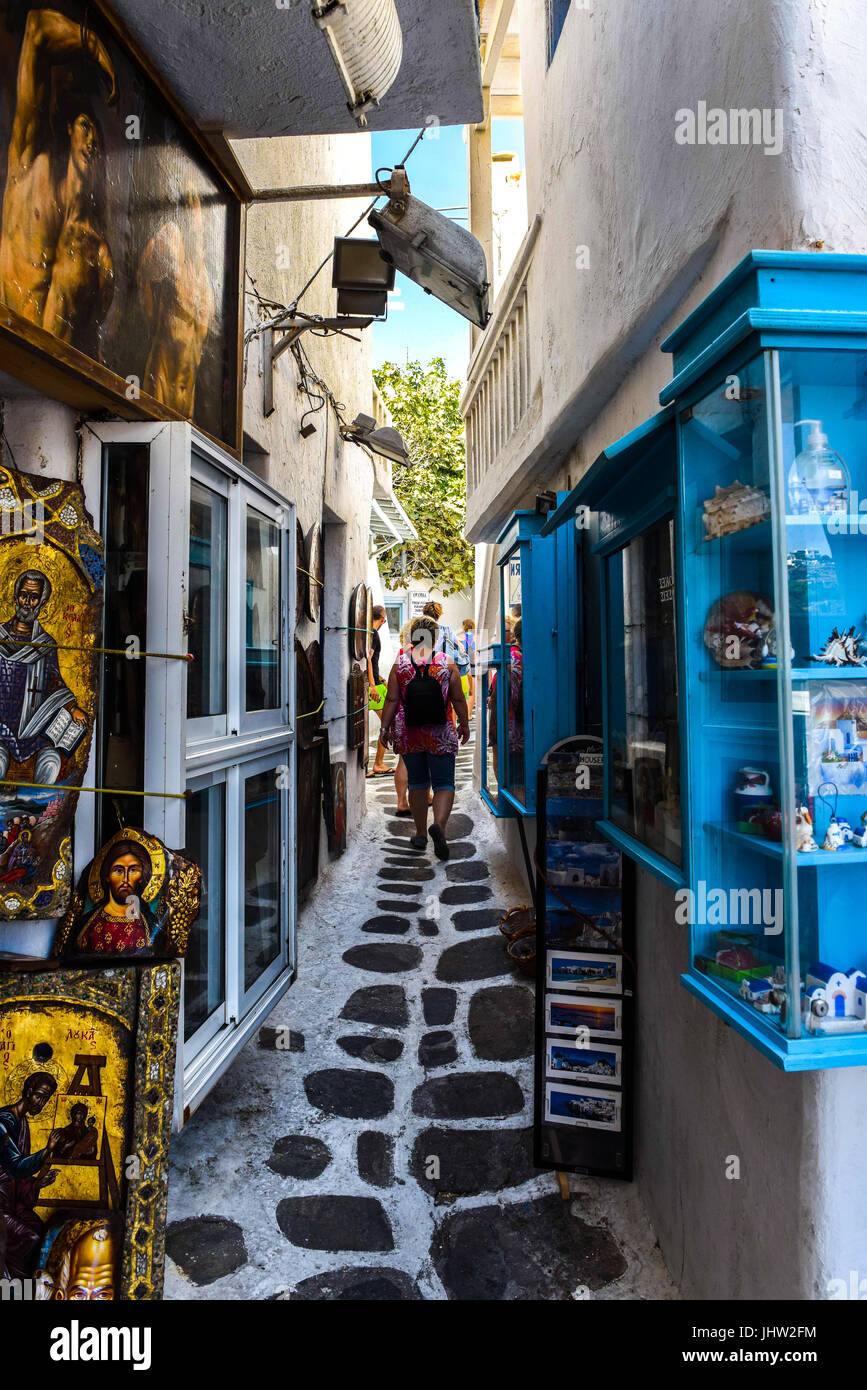 Streetview Mykonos, Griechenland Stockfoto