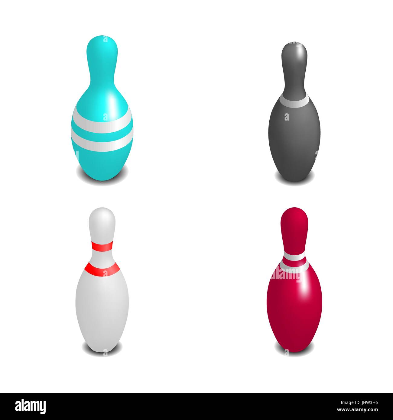 Satz von farbigen Foto realistische Kegeln in verschiedenen Formen, isoliert auf weißem Hintergrund. Elemente-Design des Lagerbestands für bowling-Spiel. 3D isometrische s Stock Vektor