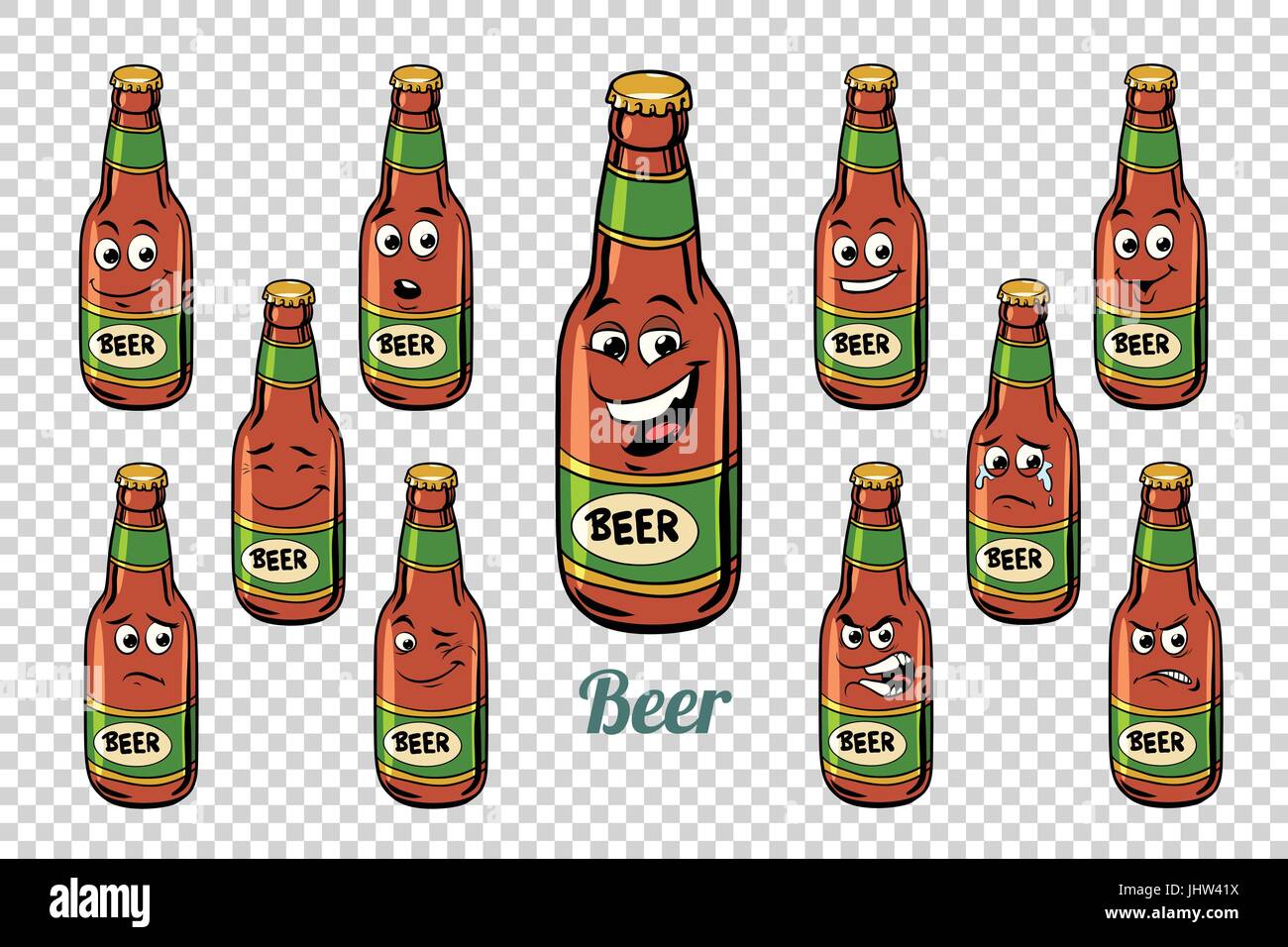 Bier Flasche Emotionen Zeichen Sammlungssatz. Isolierten neutralen Hintergrund. Retro Comic Buch Style Cartoon Pop-Art-Vektor-illustration Stock Vektor