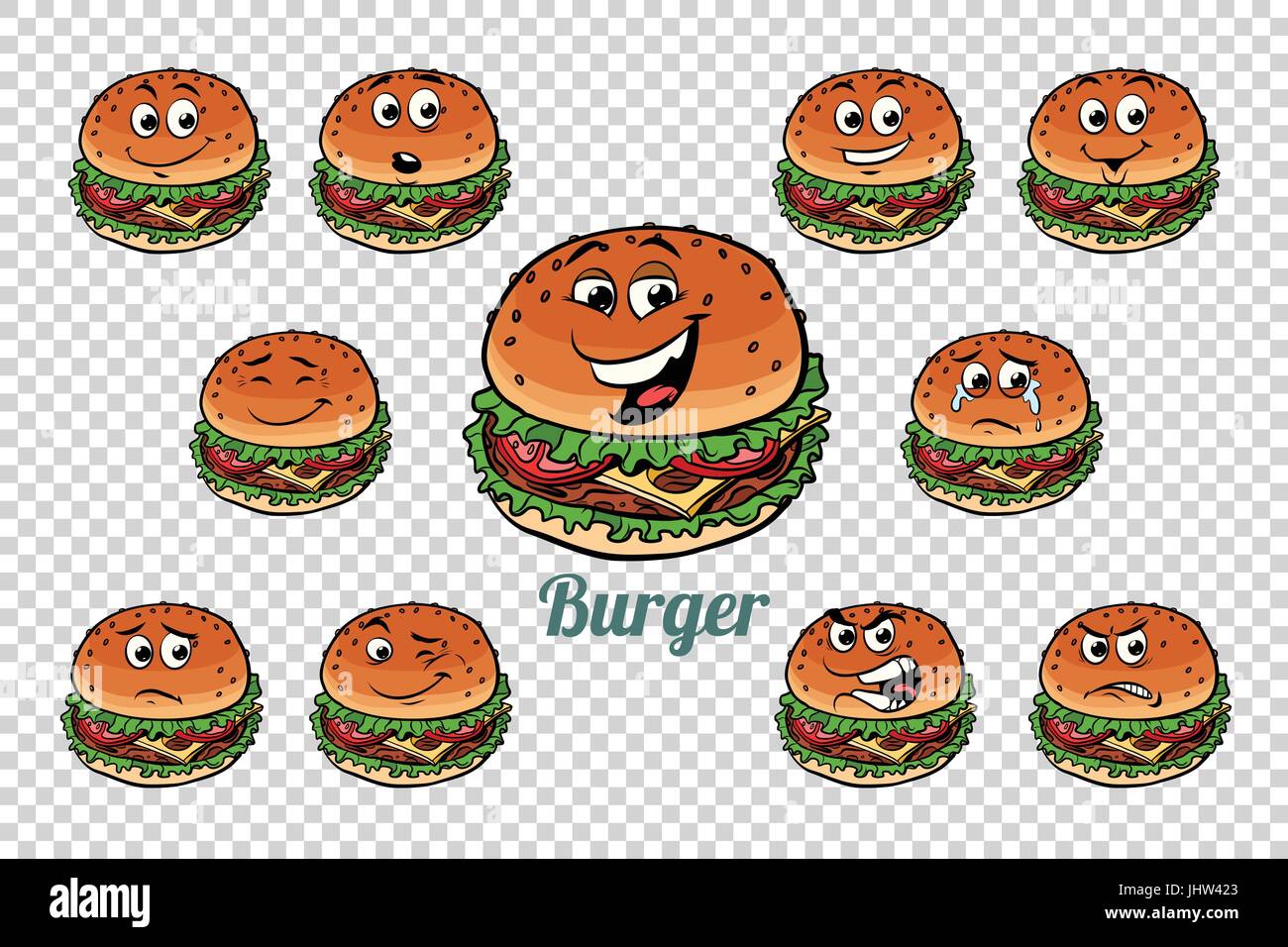 Burger Fastfood Emotionen Zeichen Sammlungssatz. Isolierten neutralen Hintergrund. Retro Comic Buch Style Cartoon Pop-Art-Vektor-illustration Stock Vektor