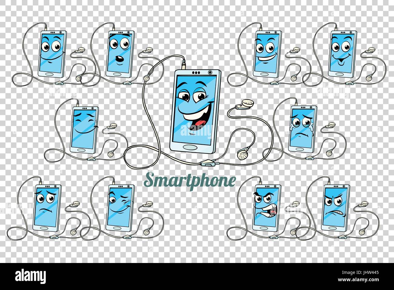 Smartphone-Kopfhörer Emotionen Zeichen Sammlungssatz. Isolierten neutralen Hintergrund. Retro Comic Buch Style Cartoon Pop-Art-Vektor-illustration Stock Vektor