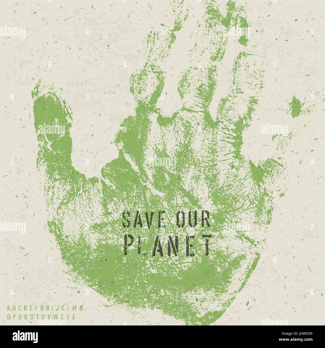 Unser Planet Poster mit Hand print Image und Schablone Alphabet zu retten. Vektor, EPS10 Stock Vektor