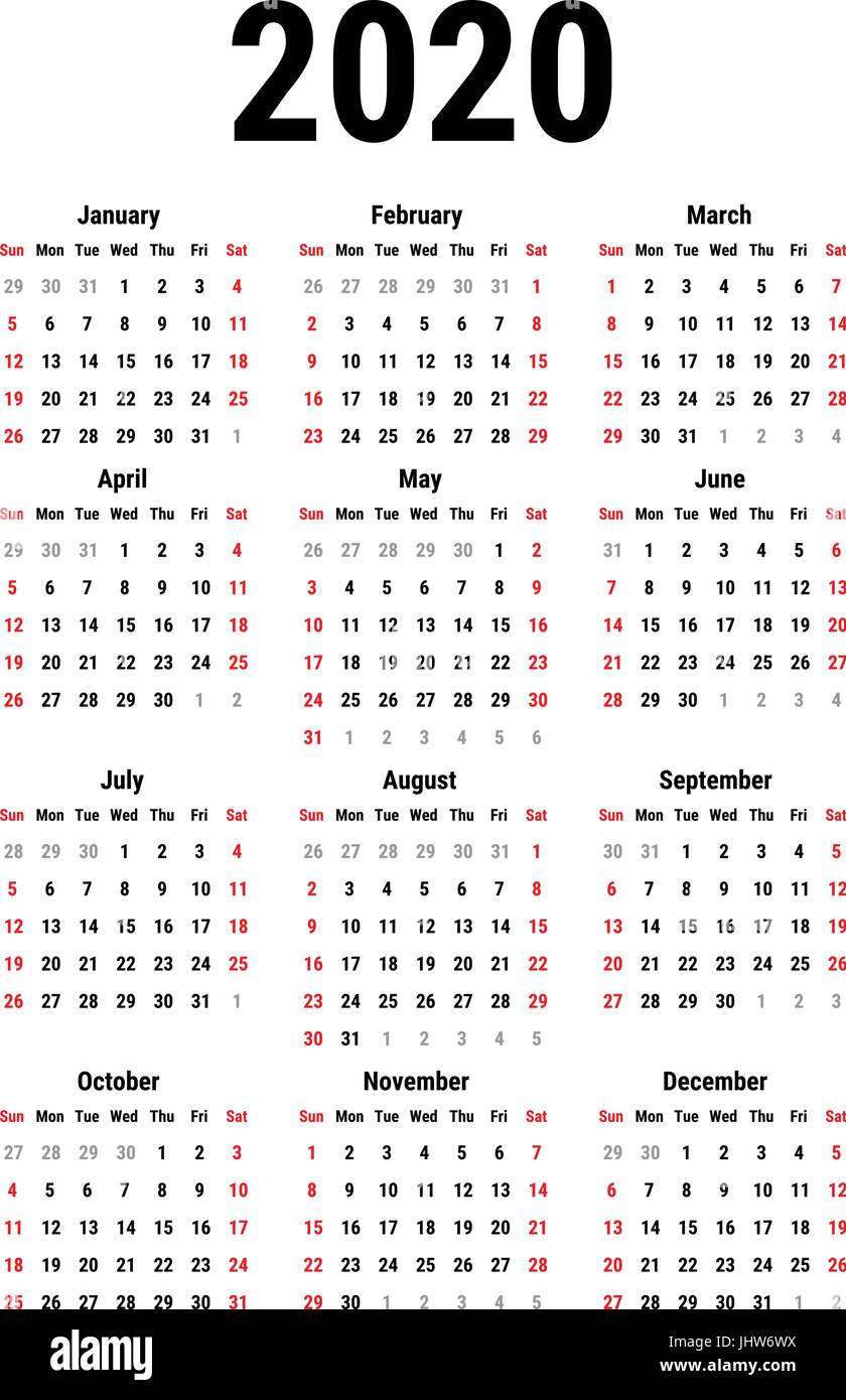 Kalender für das Jahr 2020 Stock-Vektorgrafik - Alamy