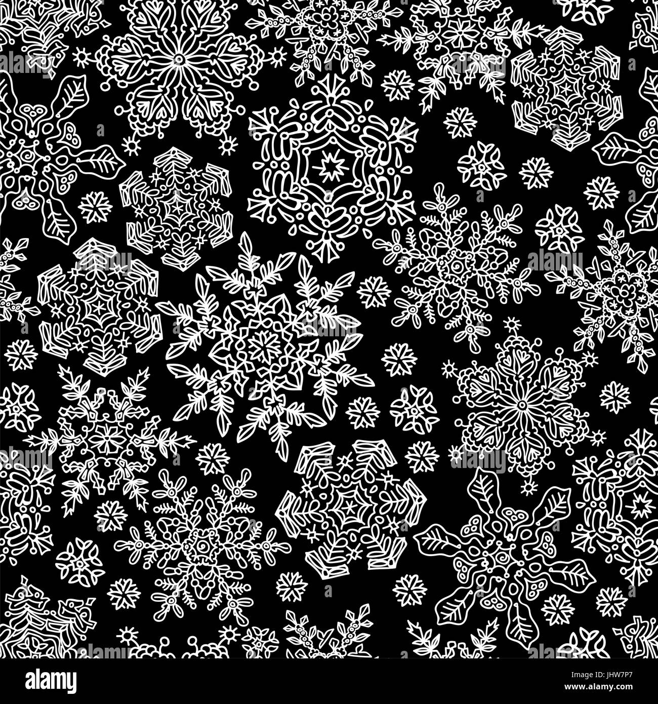 Nahtlose Schneeflocken Muster. Weiß auf schwarz, Vektor, EPS8 Stock Vektor