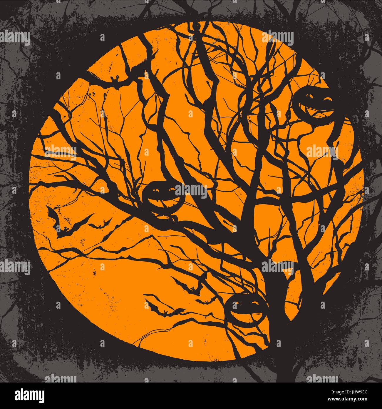 Halloween-Vektor-Hintergrund. Trockenen Baum und Kürbisse. Vollmond und Fledermäuse Stock Vektor
