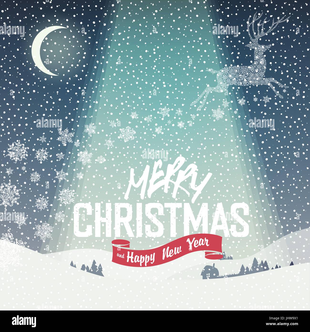 Merry Christmas Card Ruhe Winterszene Illustration. Frohe Weihnachten-Schriftzug Stock Vektor