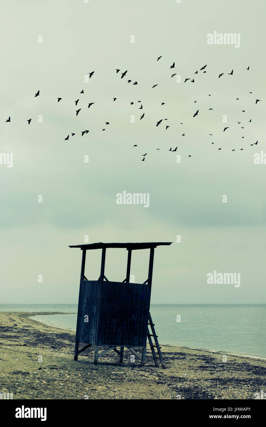 Verlassene Strandwache im Winter auf Pilion Halbinsel, Thessalien, Griechenland Stockfoto