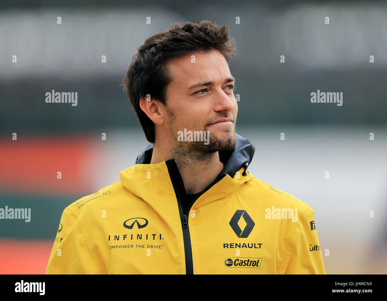 Renaults Jolyon Palmer während der Fahrer parade beim 2017 British Grand Prix in Silverstone, Towcester. PRESSEVERBAND Foto. Bild Datum: Sonntag, 16. Juli 2017. Siehe PA Geschichte AUTO Briten. Bildnachweis sollte lauten: Tim Goode/PA Wire. Einschränkungen: Nur zur redaktionellen Verwendung. Kommerzielle Nutzung mit vorheriger Zustimmung von Teams. Stockfoto
