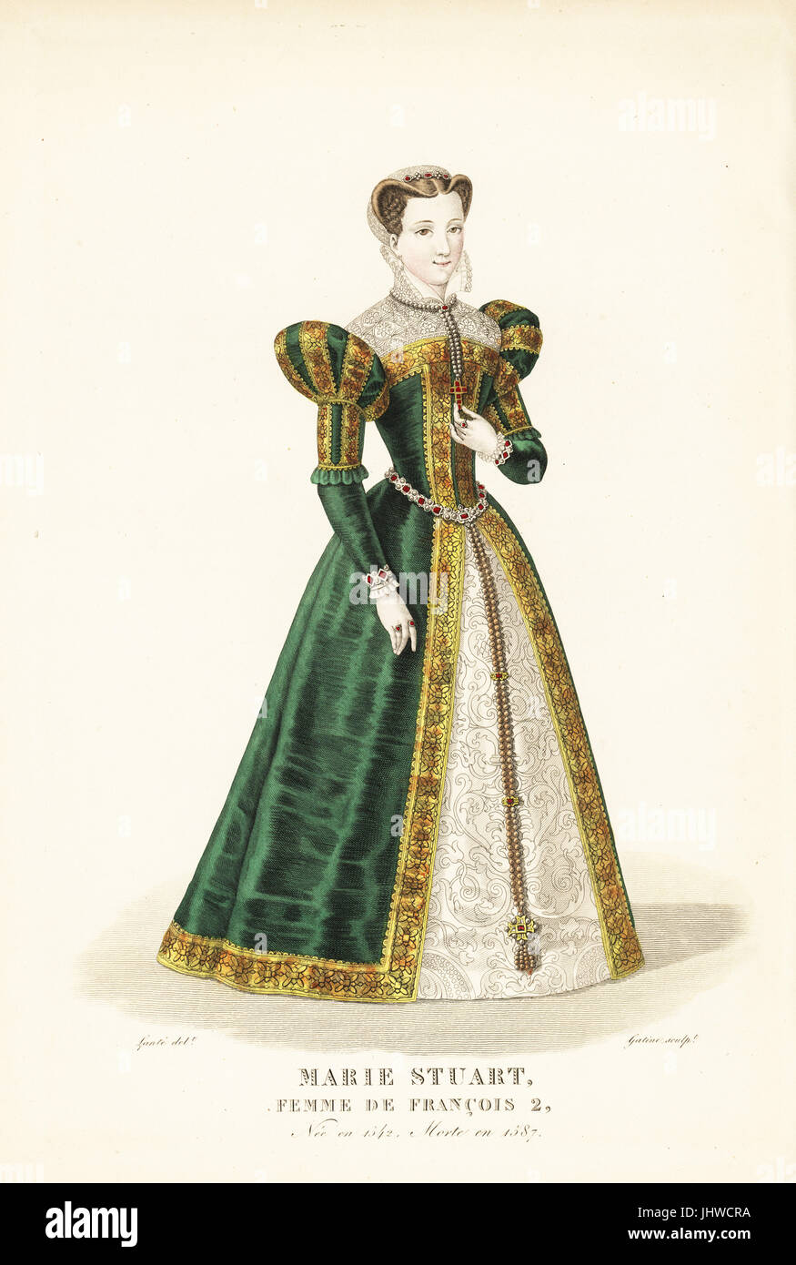 Mary Stuart von Schottland, Frau des Königs Francis II von Frankreich, 1542-1587. Sie trägt eine Spitze Mütze, grüne Surtout mit Schulterpolstern und Band der Goldstickerei, Damast Unterrock und Gürtel und Armband mit Edelsteinen. Handkoloriert Kupferstich von Georges Jacques Gatine nach einer Illustration von Louis Marie Lante aus Galerie Francaise de Femmes Celebres, Paris, 1827. Stockfoto
