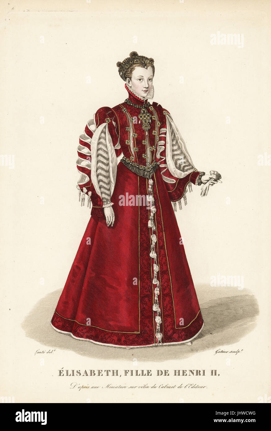 Elisabeth von Valois, Ehefrau von König Philipp II. von Spanien, Tochter des Königs Henry II von Frankreich, 1545-1568. Sie trägt ein jeweled GAP, Ruff Spitzenkragen und reich, bestickte Surtout mit aufgeschlitzt Ärmeln und Oberteil. Nach einer Miniatur auf Pergament in der Editor-Sammlung. Handkoloriert Kupferstich von Georges Jacques Gatine nach einer Illustration von Louis Marie Lante aus Galerie Francaise de Femmes Celebres, Paris, 1827. Stockfoto