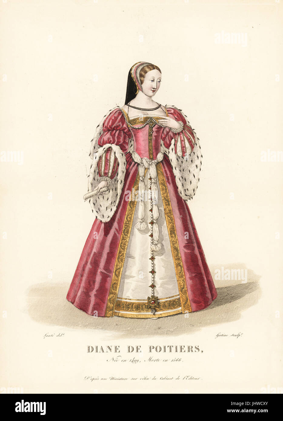 Diane von Poitiers, Mätresse von König Henry II von Frankreich, 1499-1566. Öffnen Sie trägt sie eine Begleitperson Headress, dass Verbindungen unter dem Kinn, rosa samt Surtout mit aufgeblasen und Ärmel mit Hermelin getrimmt aufgeschlitzt, einem geknoteten Gürtel und Rock um gold bestickte Unterrock sichtbar zu machen. Nach einer Miniatur auf Pergament in der Editor-Sammlung. Handkoloriert Kupferstich von Georges Jacques Gatine nach einer Illustration von Louis Marie Lante aus Galerie Francaise de Femmes Celebres, Paris, 1827. Stockfoto