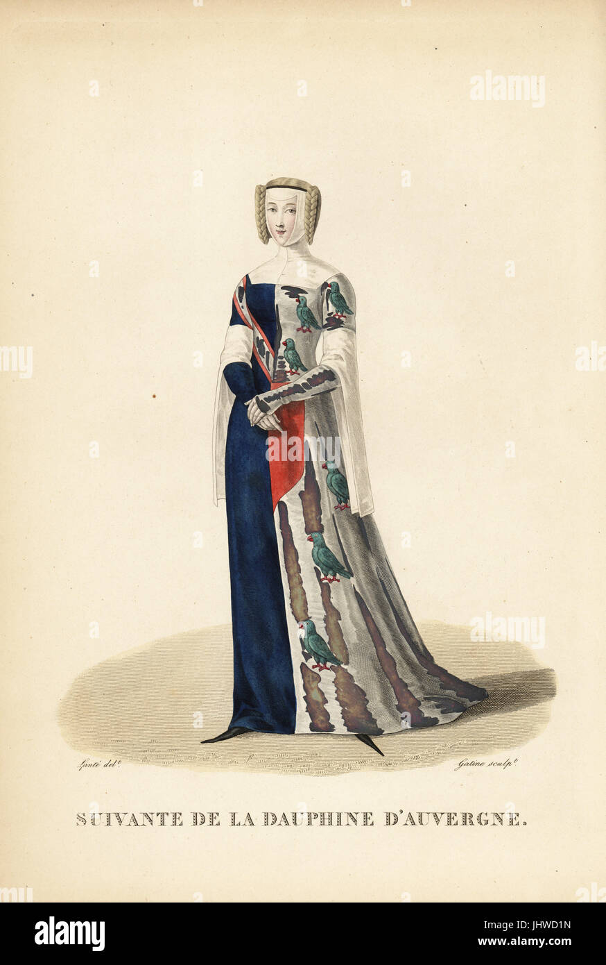 Jeanne Bournel, Hofdame, die Dauphine d ' Auvergne, bei Hofe im Jahre 1371. Sie trägt ein Wappen Gewand mit den Wappen von ihrem Mann Gilles de Nedonchal (blau mit Silber Band) und ihrem Vater Jean Bournel de Theimbronne (grüne Papageien), Crakows oder Schnabelschuhe. Handkoloriert Kupferstich von Georges Jacques Gatine nach einer Illustration von Louis Marie Lante aus Galerie Francaise de Femmes Celebres, Paris, 1827. Stockfoto