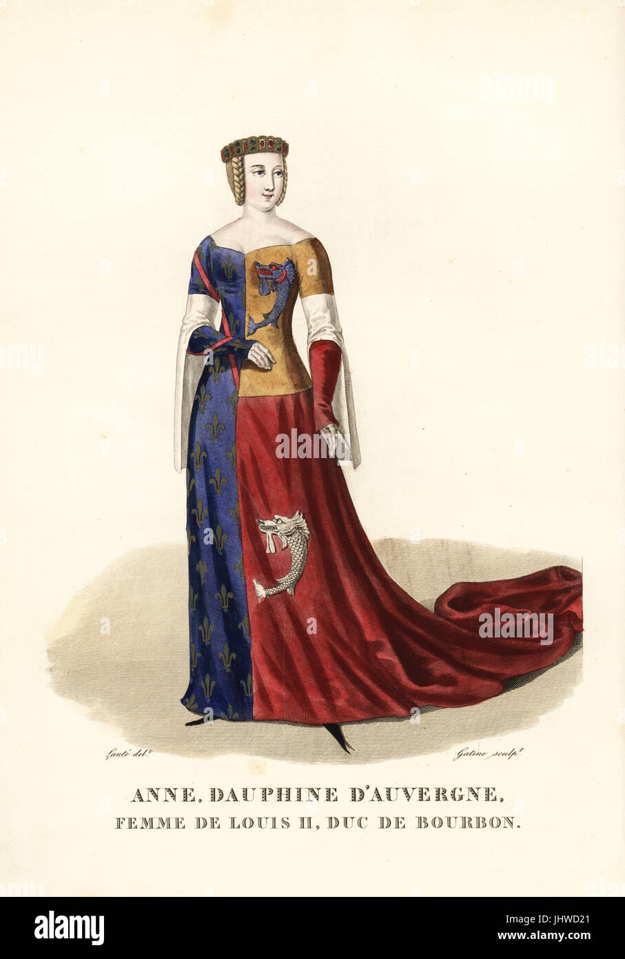 Anne von Auvergne, Dauphine d ' Auvergne, Ehefrau von Louis II, Herzog von Bourbon, 1358-1417. In einer Krone Juwelen, Haar in Zöpfen und Wappen Kleid mit Wappen von Bourbon (Fleurs de Lys) und Auvergne (Delphin), Crakows oder Schnabelschuhe. Handkoloriert Kupferstich von Georges Jacques Gatine nach einer Illustration von Louis Marie Lante aus Galerie Francaise de Femmes Celebres, Paris, 1827. Stockfoto