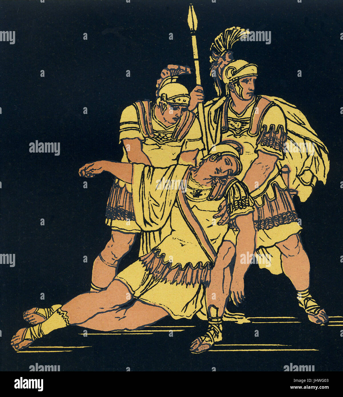 Lausus war der Sohn von der etruskischen König Mezentius. Er kämpfte gegen Aeneas und seine Anhänger, die Troja geflohen, nachdem die Griechen Troja erobert und die Stadt verbrannt. Die Geschichte dieser Krieger erscheint in Vergils Aeneis. Nachdem Aeneas Mezentius in der Schlacht verwundet, Lausus kommt zur Verteidigung seines Vaters und Aeneas dann schlägt beide. Diese Illustration um 1900 zeigt Lausus, unterstützt von seinen Männern wie er in ihren Armen stirbt... Stockfoto