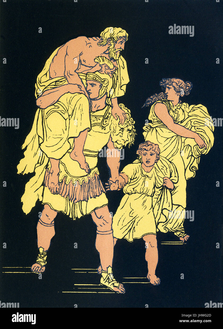 Die Trojanische Helden Aeneas floh seine brennende Heimat nach es wurde von den Griechen im Trojanischen Krieg und west, Landung schließlich in Italien segelte. Aeneas wurde von Römern als ihren großen Vorfahren geehrt. Diese Abbildung, bis um 1900 zeigt Aeneas Flucht vor brennenden Troja, mit seinem Vater Anchises auf seine Schulter und sein Sohn Ascanius, denen er an der Hand hält. Hinter ihnen ist Aeneas Frau Creusa, wer nicht, am Ende schafft, die brennende Stadt zu entkommen. Stockfoto