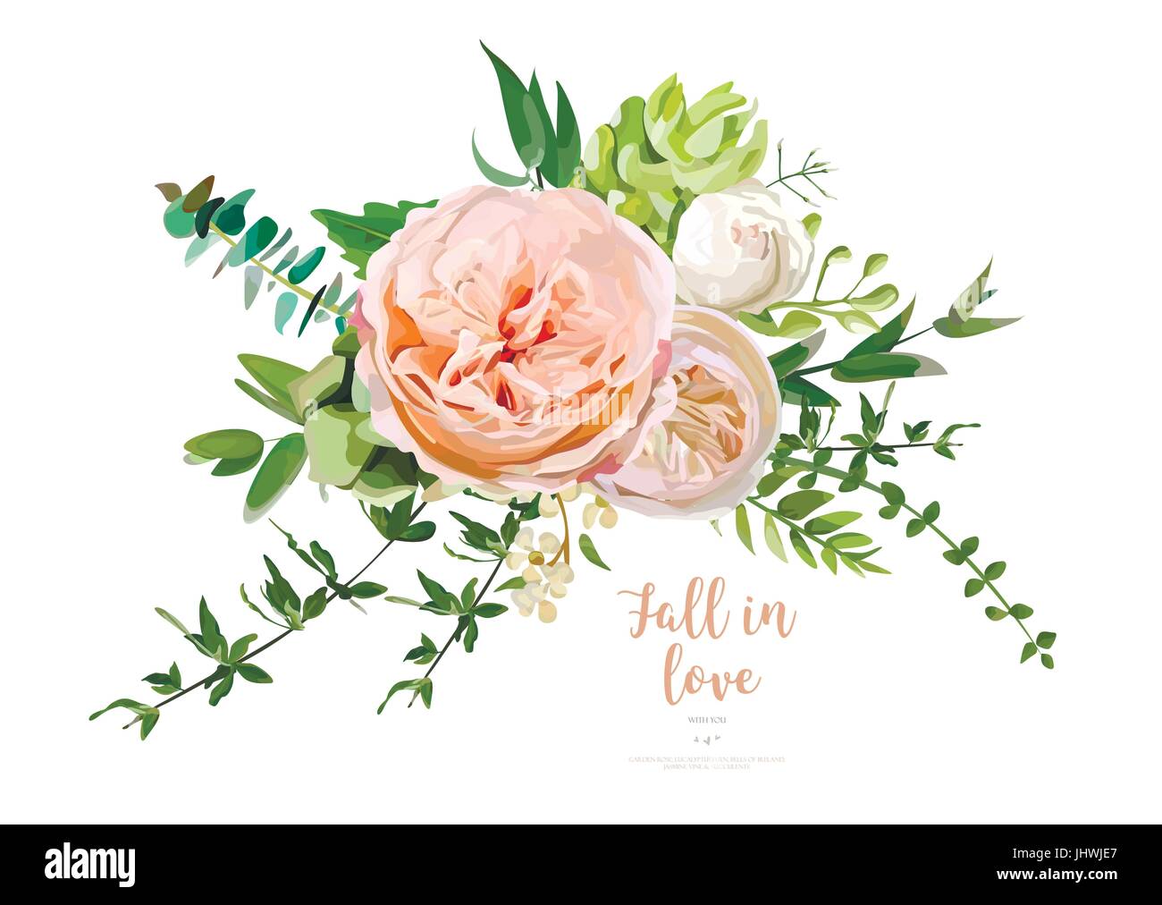 Blume Blumenstrauß Vektor-Objekt Gestaltungselement. Pfirsich, rosa Rose, Eukalyptus, Sukkulenten Beere Kräutermischung. Gruß schöne florale Karte elegante Vorlage w Stock Vektor