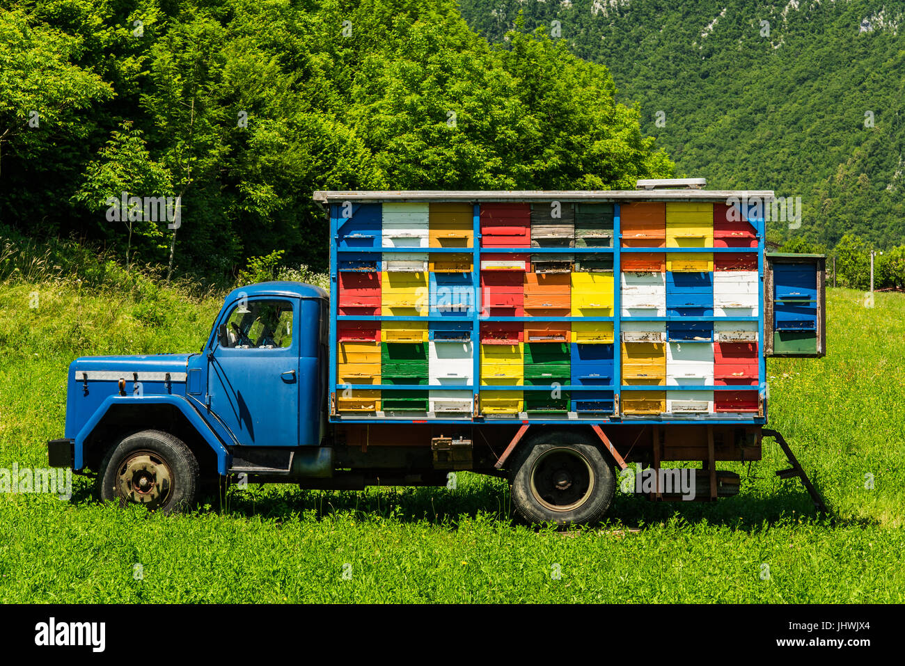 Farbenfrohe und lebendige Bienenstöcke auf alten Lastwagen in Slowenien. Wiese in den Julischen Alpen, Triglav Park, Slowenien. Stockfoto