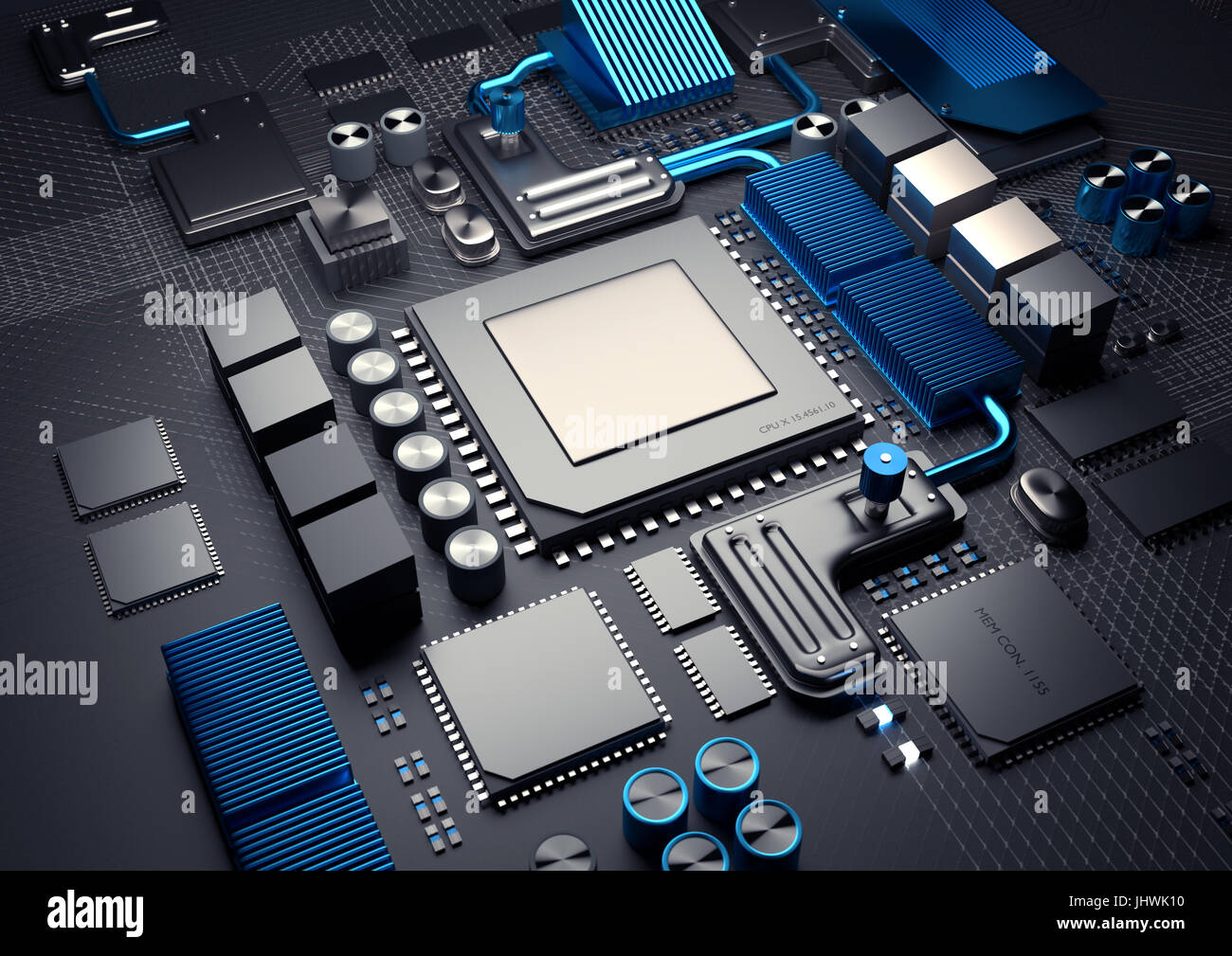 Technik-Hintergrund. Moderne CPU auf ein Motherbaord für Mobile und Computere Geräte. 3D Illustration zu rendern. Stockfoto