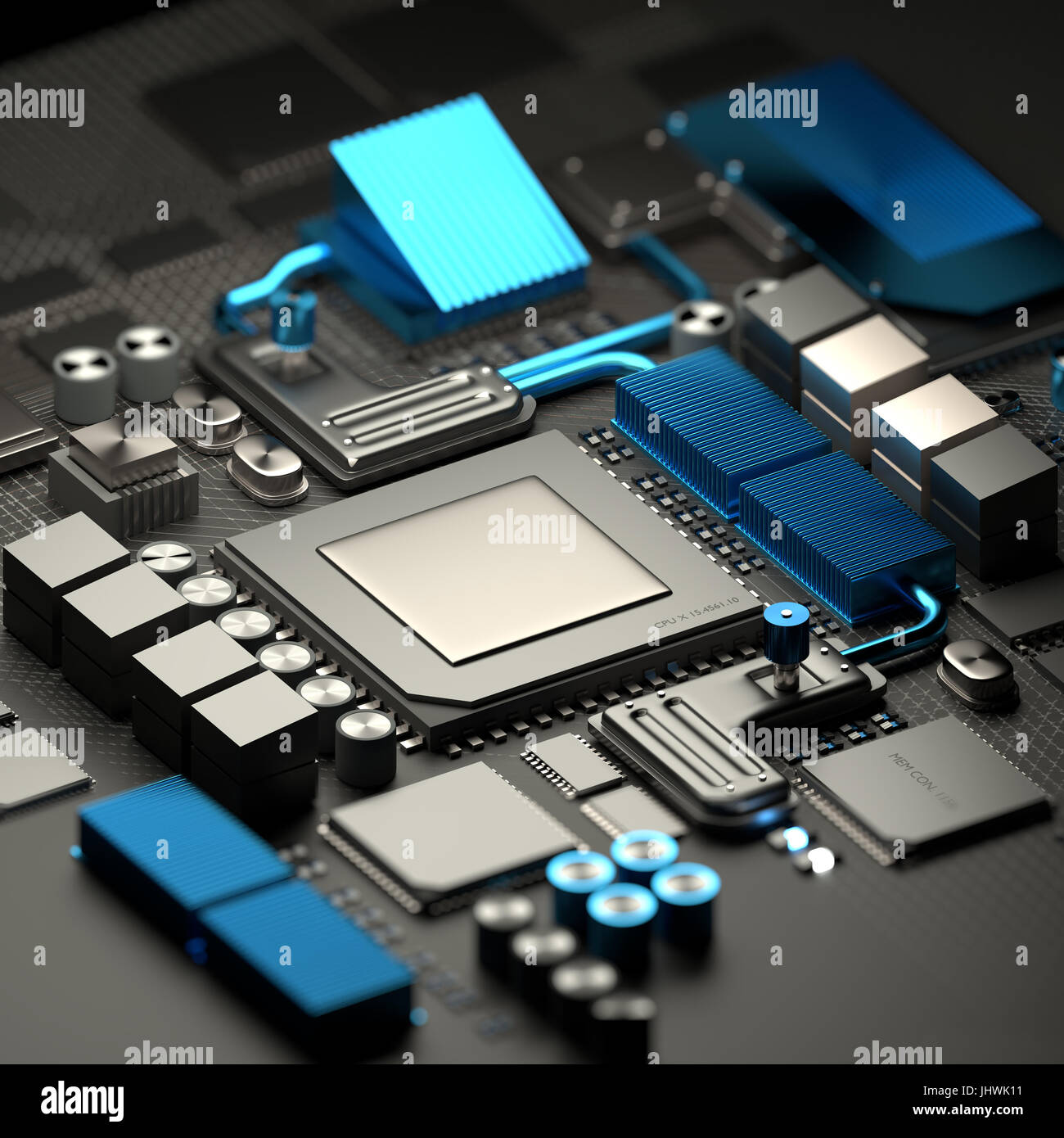 Modernen Innenleben von mobilen Geräten und Computern mit Mikroprozessor CPU und Motherboard mit RAM-Chips. Technik-Hintergrund. 3D illustration Stockfoto