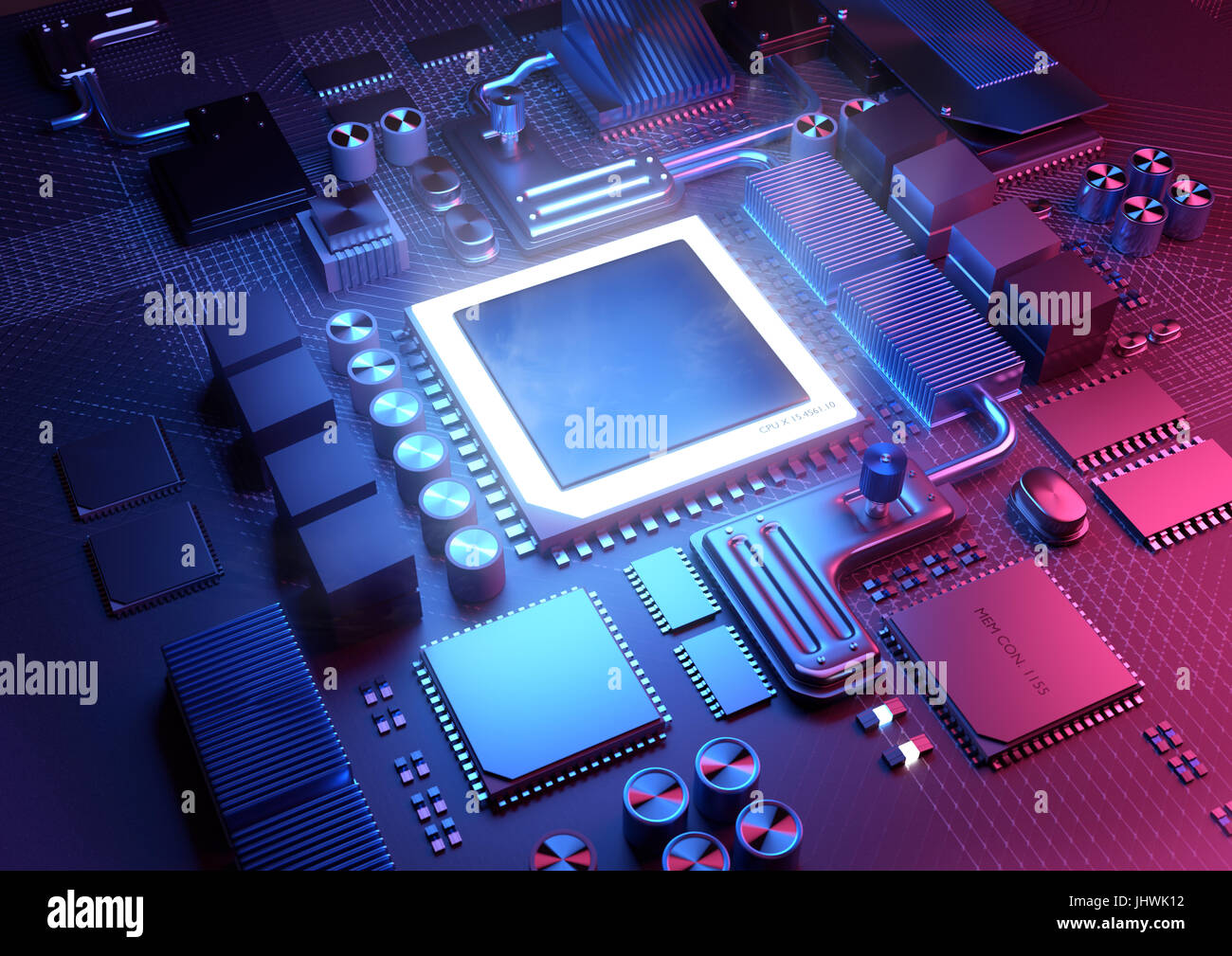 Technik-Hintergrund. Eine glühende CPU auf einem Motherboard. 3D Illustration zu rendern. Stockfoto