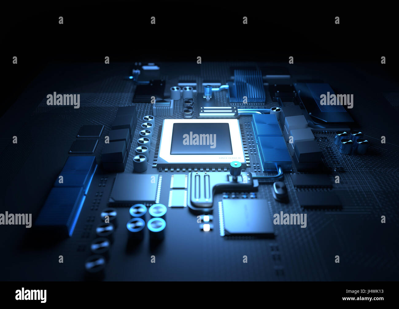 Technik-Hintergrund. Eine glühende CPU auf einem Motherboard. 3D Illustration zu rendern. Stockfoto