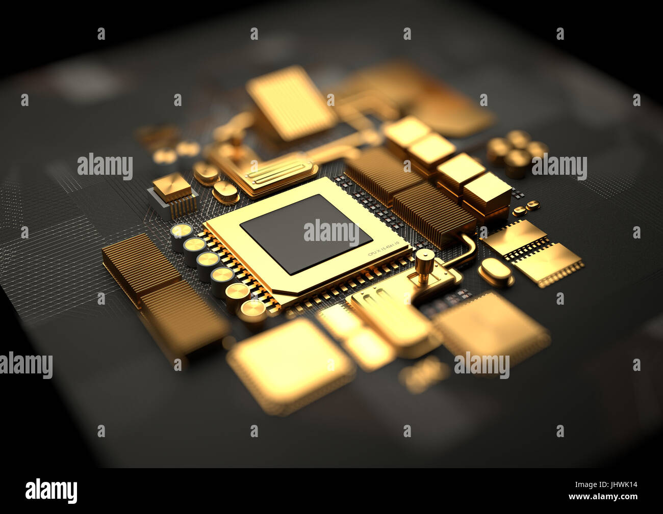 Technik-Hintergrund mit 24 k gold-CPU und Motherboard-Chipsatz-Komponenten. 3D-Illustration render Stockfoto