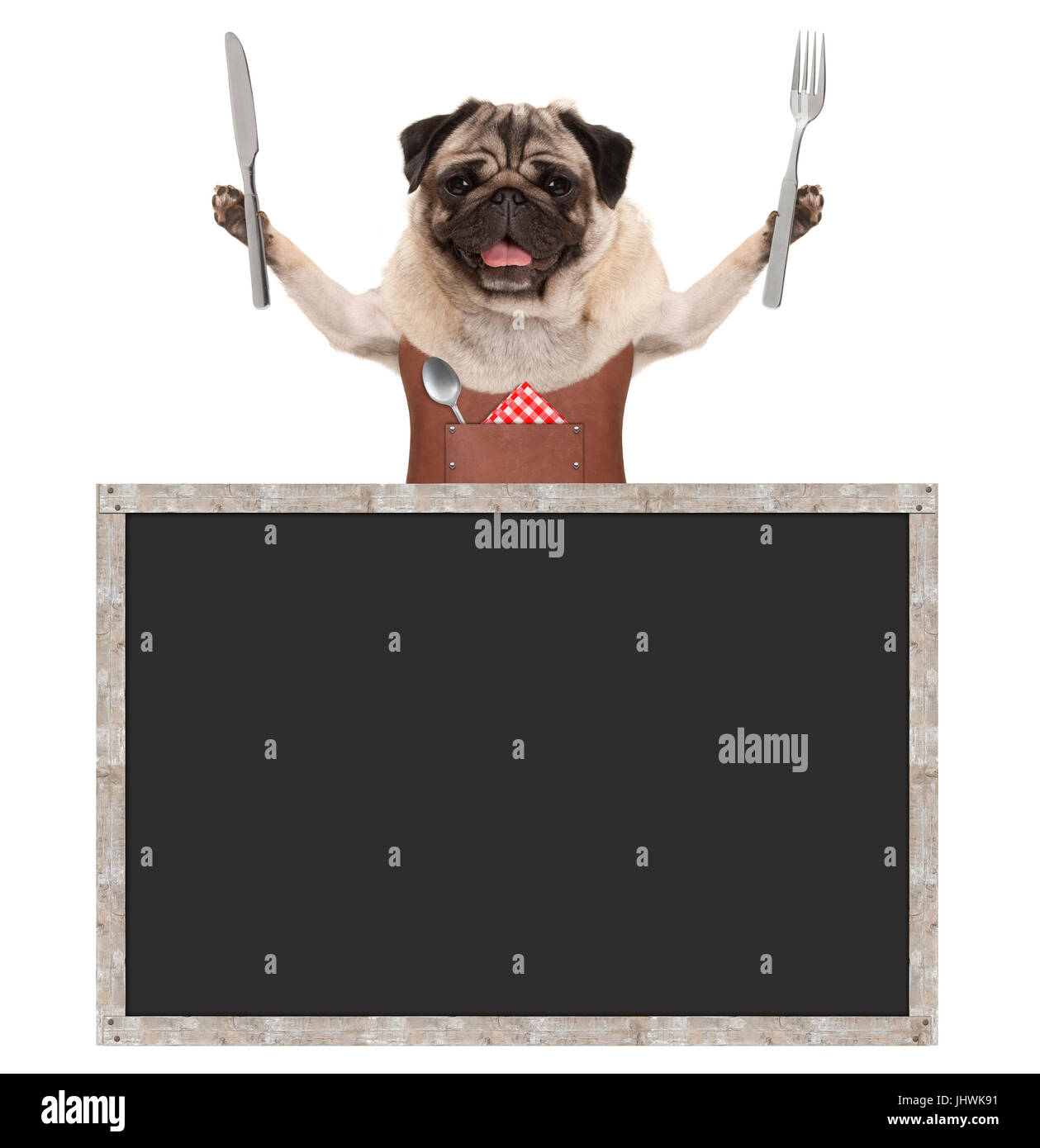 süß lächelnd Mops Welpen Hund halten Besteck für Essen und tragen Lederschürze, mit leeren Tafel-Zeichen, isoliert auf weißem Hintergrund Stockfoto