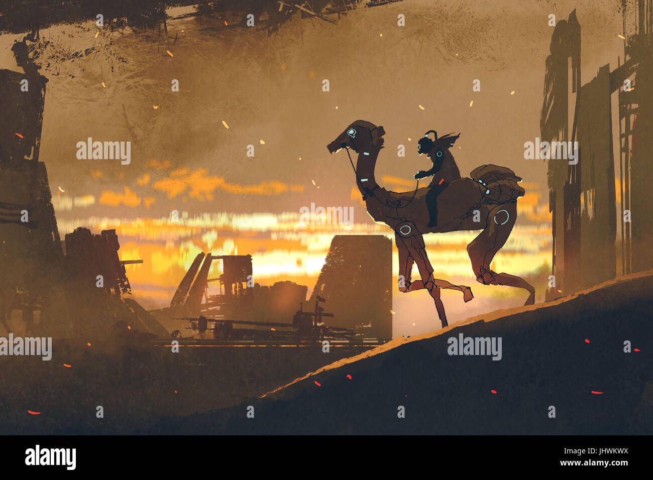 Sci-Fi-Szene des Menschen auf futuristische Kamel laufen in Apokalypse Stadt bei Sonnenuntergang, digitale Kunststil, Illustration, Malerei Stockfoto