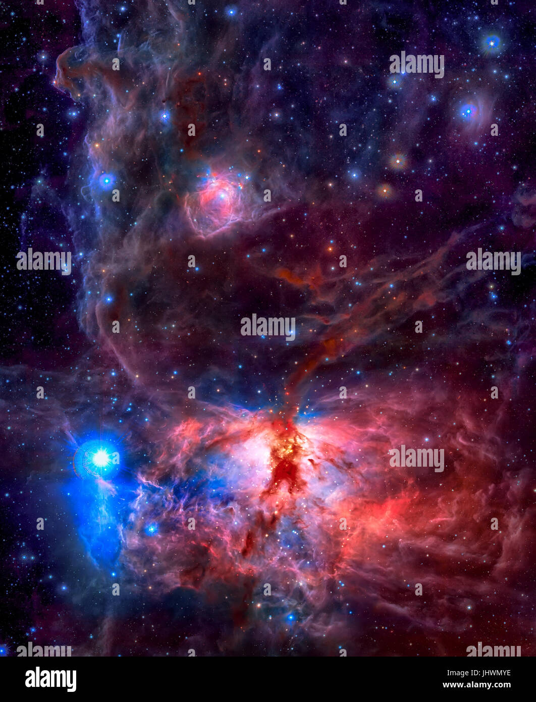 Die spektakuläre Sternentstehungsregion bekannt als der Flame-Nebel oder NGC 2024 in das Sternbild des Orion. Der Flame-Nebel ist der Pferdekopf N enthalten Stockfoto