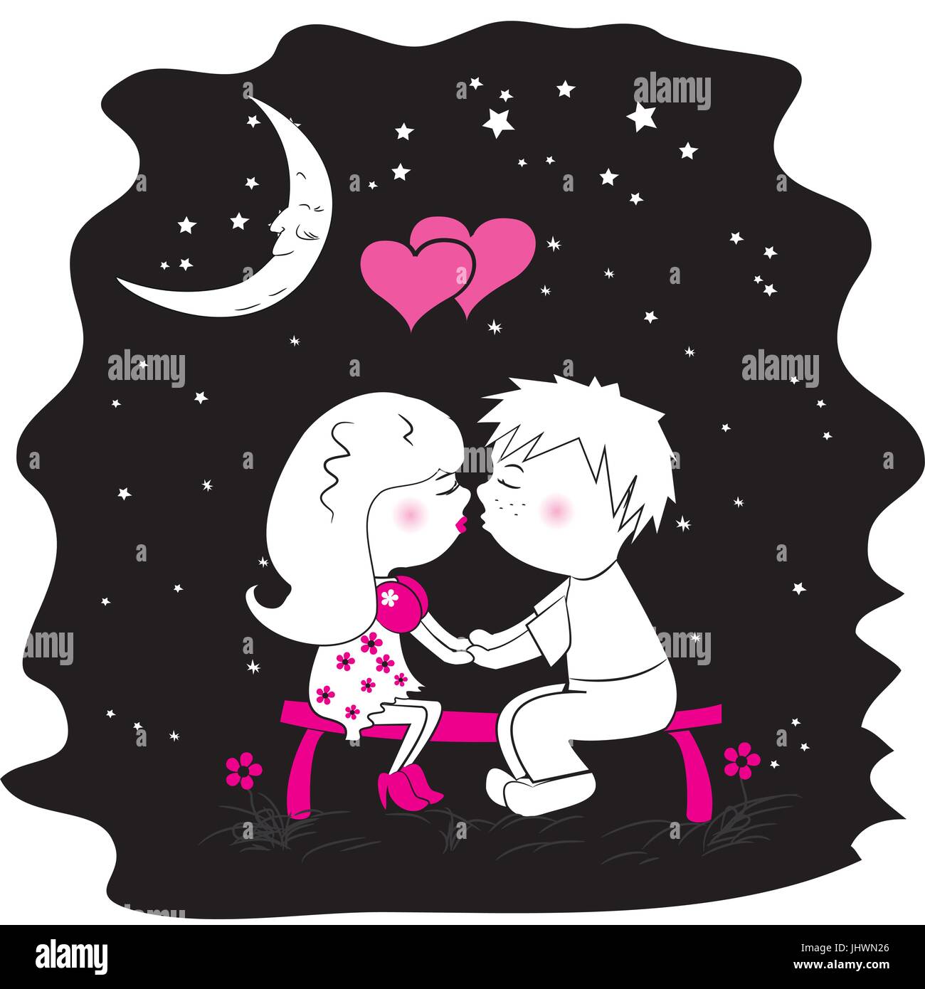 männliche und weibliche Liebhaber Küssen auf einer Bank in der Nacht, Vektor-Illustration, Stock Vektor