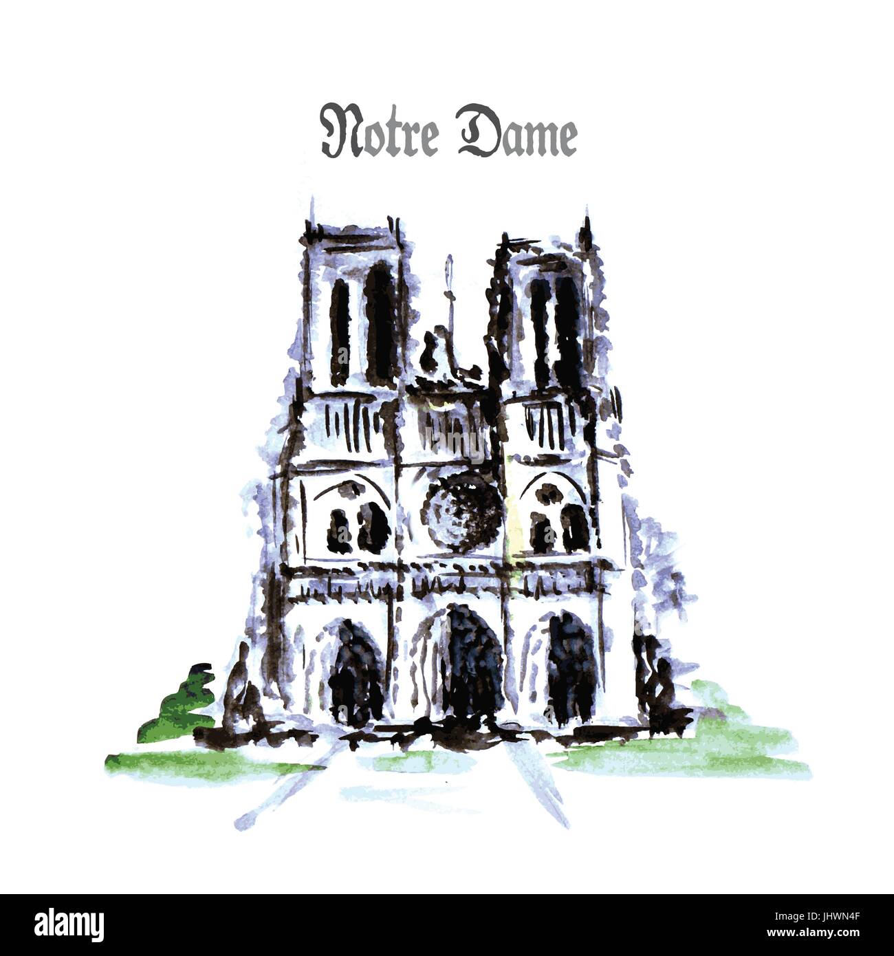 Kathedrale Notre-Dame de Paris, Frankreich. Aquarell Handzeichnung. Stock Vektor
