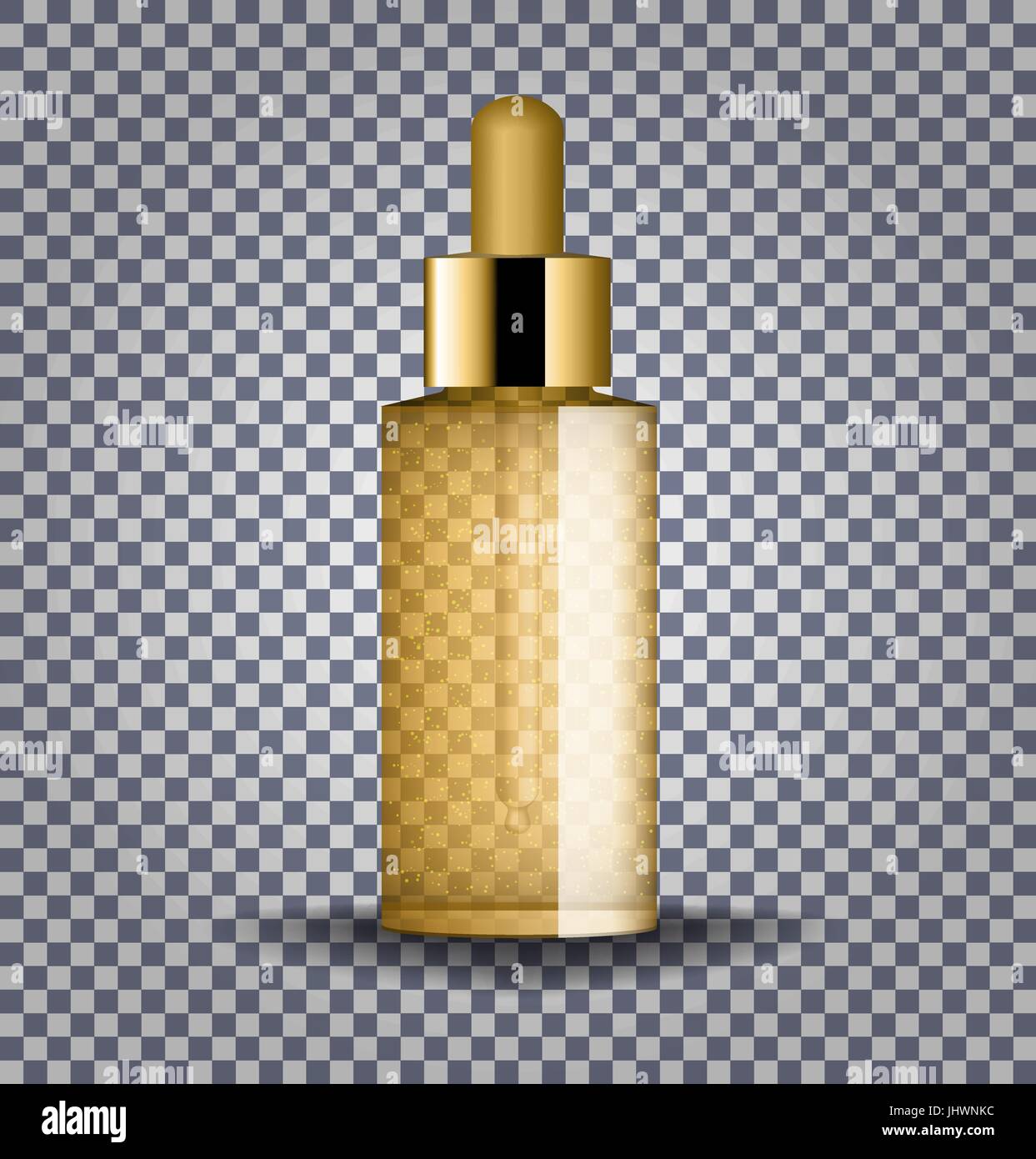 Realistische gold kosmetische Glasflasche mit Tropfer. Kosmetischen Vials für Öl, Kollagen Serum, Flüssigkeit wichtig. Mock-up Vektor-Illustration isoliert auf transparentem Hintergrund. Stock Vektor