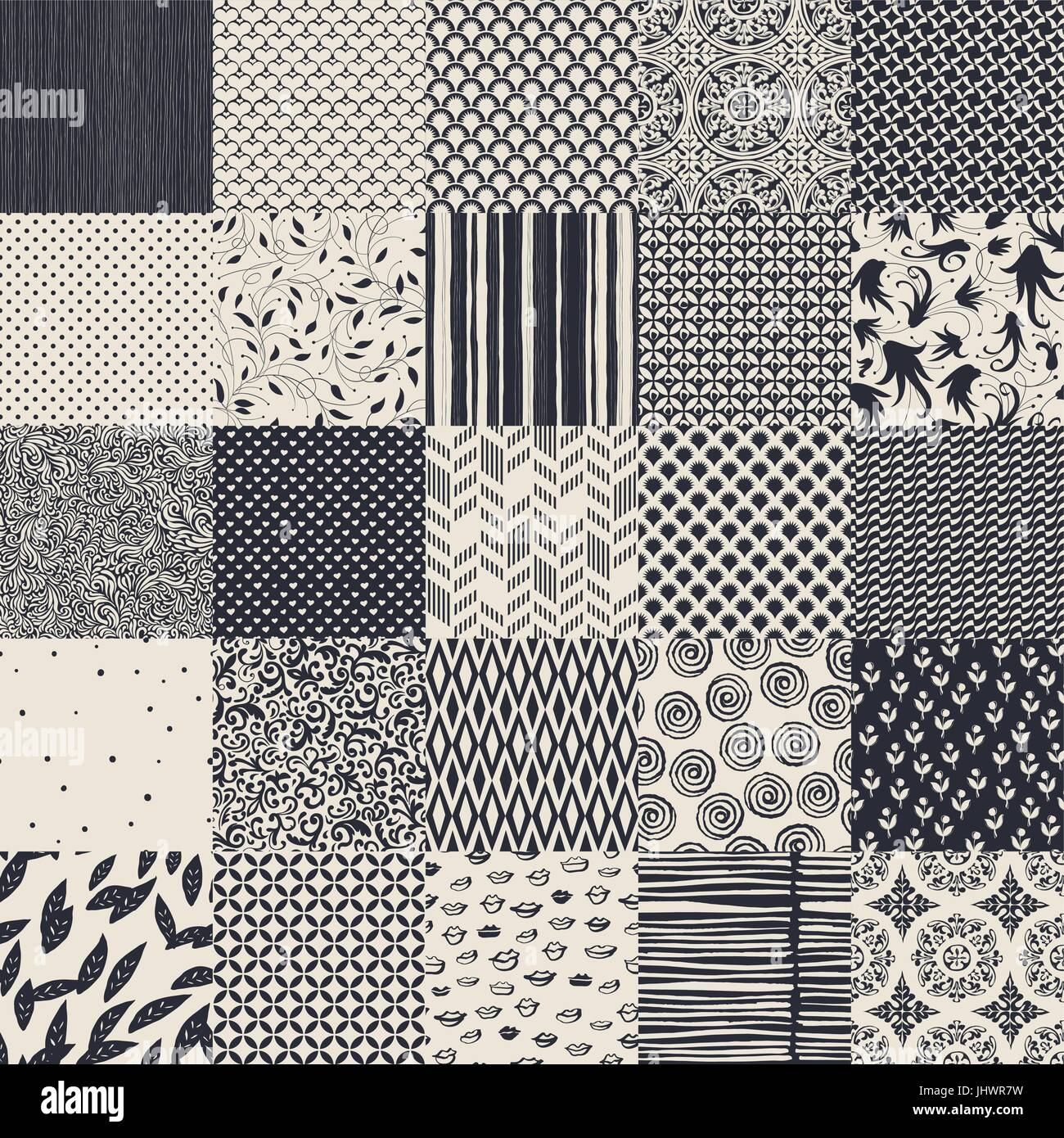 25 nahtlose anderen Vektor Monochrom Muster. Geometrische, florale, ornamentale, handgezeichnete Muster Kollektion. Stock Vektor