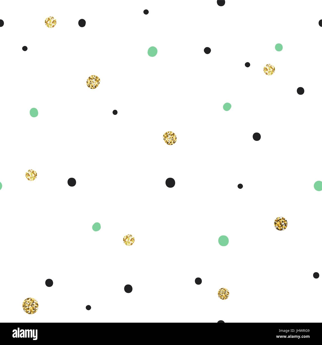 Abstrakte nahtloses Muster auf weißem Hintergrund mit schwarzen und goldenen und grünen chaotische Dots.Vector Vorlage für Verpackungsdesigns und Einladungskarten Stock Vektor