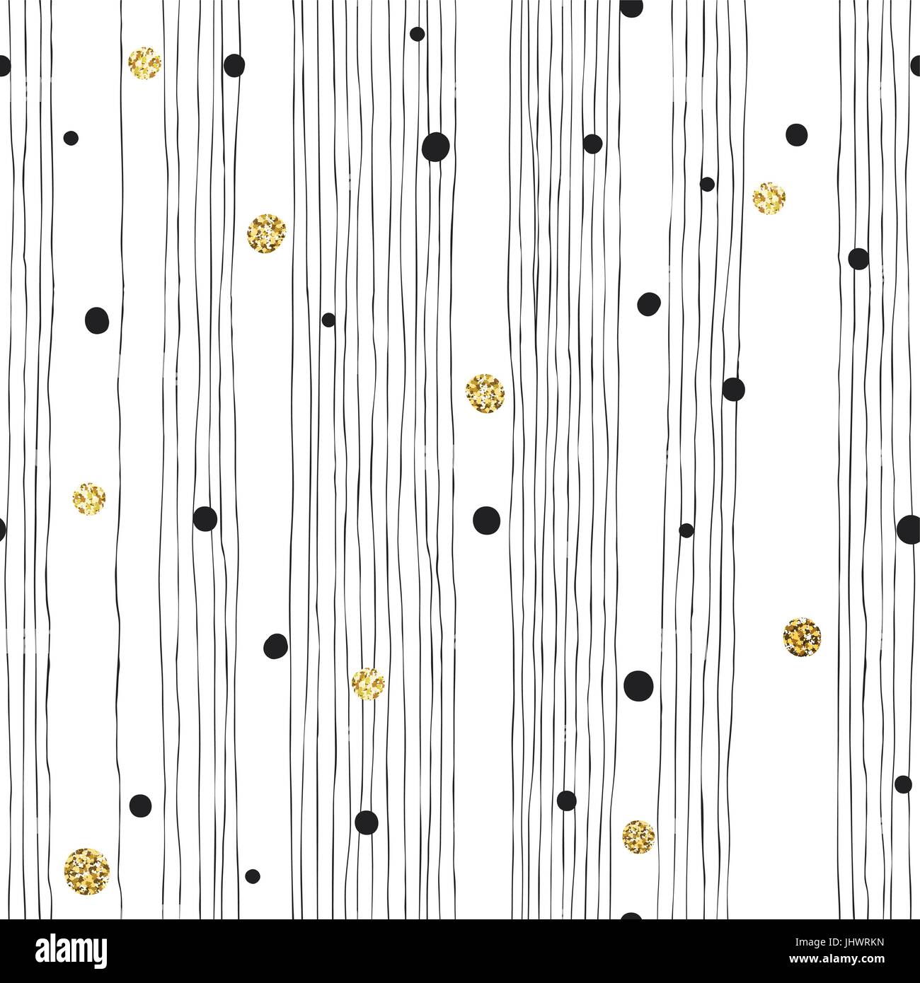 Handgezeichnete nahtlose Muster auf weißem Hintergrund mit dünnen Linie und schwarze und goldene chaotische Dots.Vector Vorlage für Verpackungsdesigns und Einladung Stock Vektor