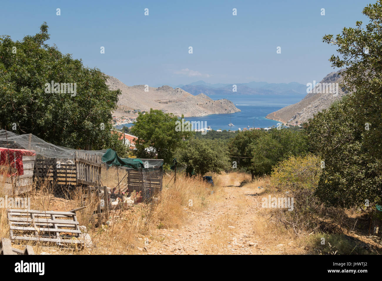 Symi-Insel, Süd Ägäis, Griechenland - kleinbäuerliche Landwirtschaft wird in den Hügeln oberhalb Pedi und anderswo praktiziert. Stockfoto